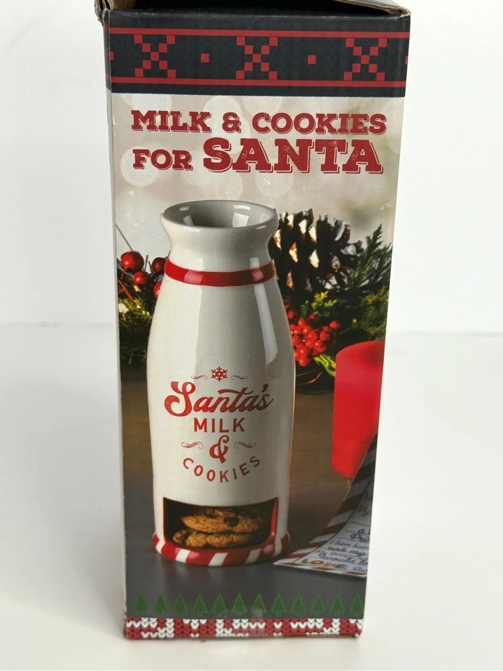 Christmas Milk & Cookies For Santa Ceramic Bottle With Red Decoration Seasonal